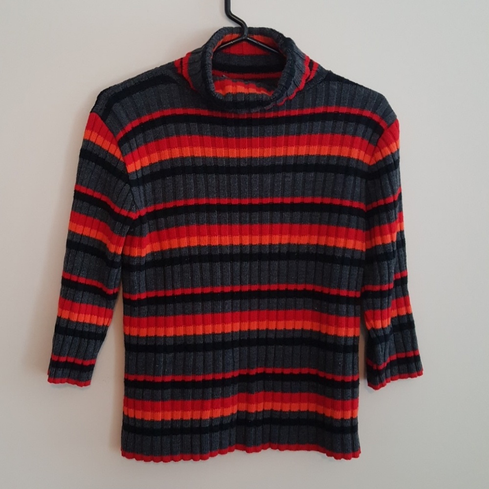 Striped turtleneck sweater with 3/4 sleeves